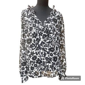 Boden Semi Sheer Floral Ruffle long sleeve Blouse Black‎ White sz 8